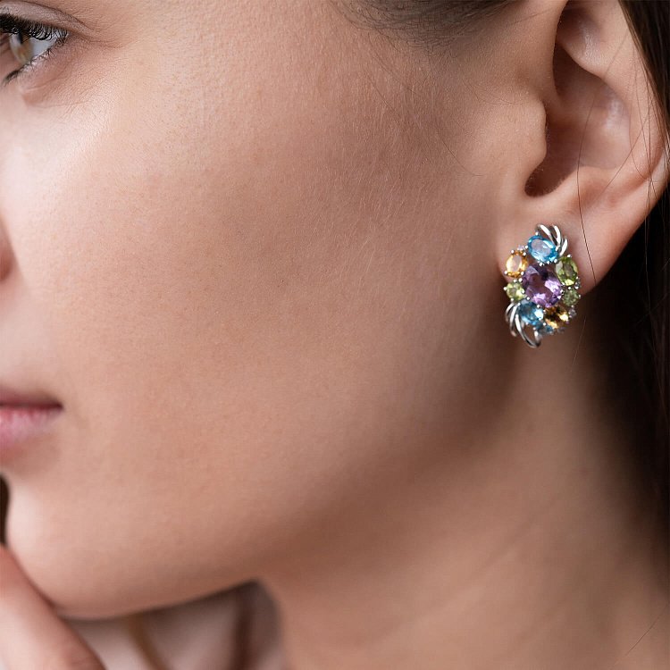 Золоті сережки (діаманти, цитрин, топаз блакитний, хризоліт, аметист) с680 від ювелірного магазину Онікс - 1