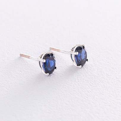 Срібні сережки-пусети з синт. сапфіром нано 6х8 121968 №3
