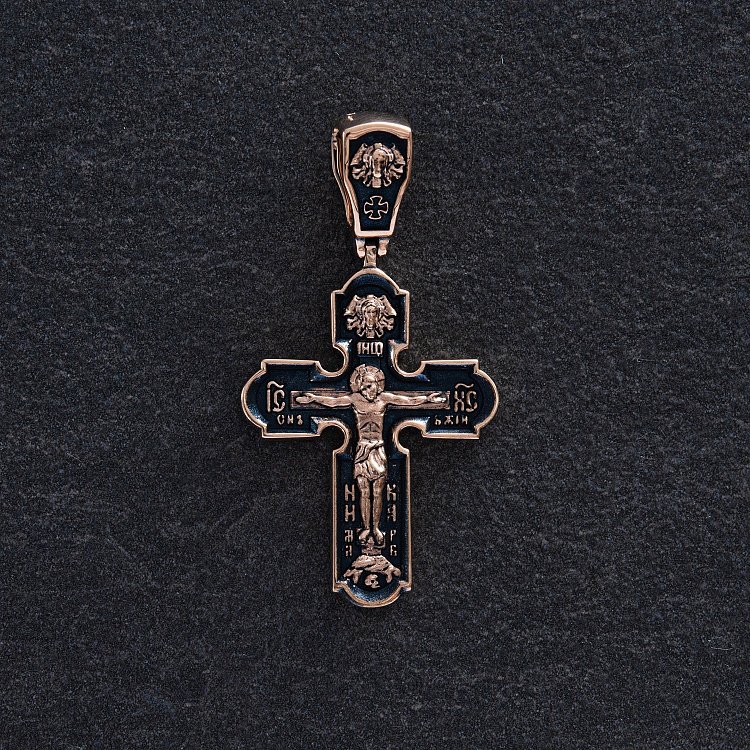 Православный золотой крест "Распятие Христово. Спас Нерукотворный. Икона Божией Матери знамение. Святитель Николай" п02699 от ювелирного магазина Оникс - 4
