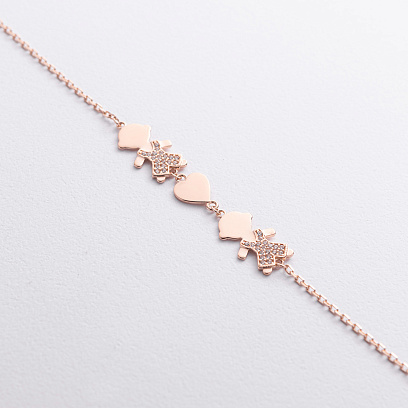 Браслет "Два хлопчика та сердечко" в червоному золоті (фіаніти) б05653 №2