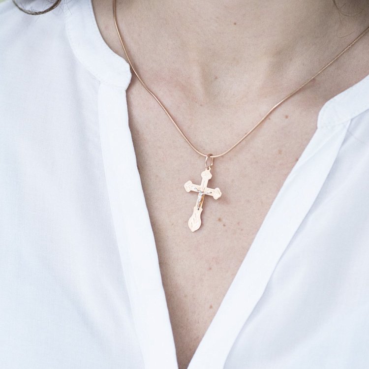 Золотий православний хрестик "Розп'яття. Спаси та збережи" п02089 від ювелірного магазину Онікс - 1