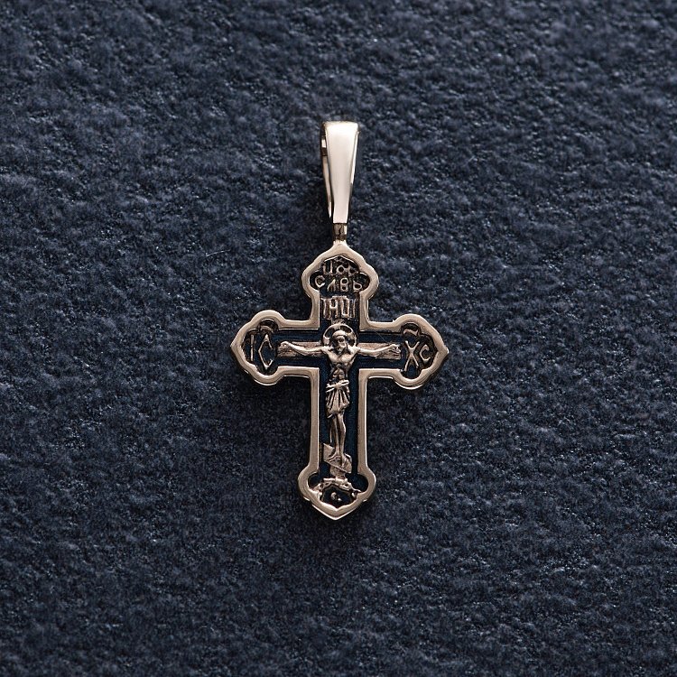 Золотой крестик "Распятие. Спаси и сохрани" с чернением п03877 от ювелирного магазина Оникс - 4