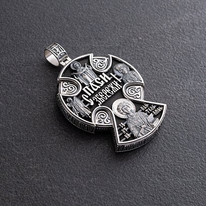 Мужской православный крест "Спас Нерукотворный. Спаси и Сохрани" (на укр. языке) из эбенового дерева и серебра 1272 №4