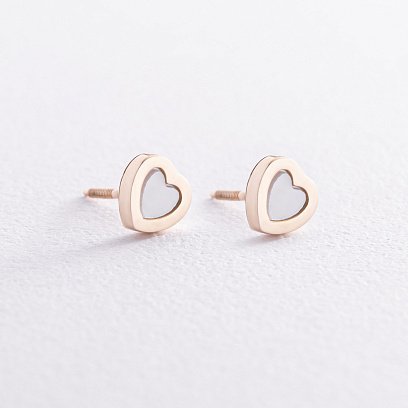 Золотые серьги - пусеты "Сердечки" с перламутром с08392