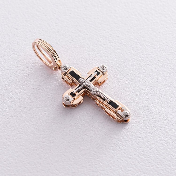 Православний хрест "Розп'яття. Спаси і Збережи" (емаль, фіаніти) 270054Е від ювелірного магазину Онікс