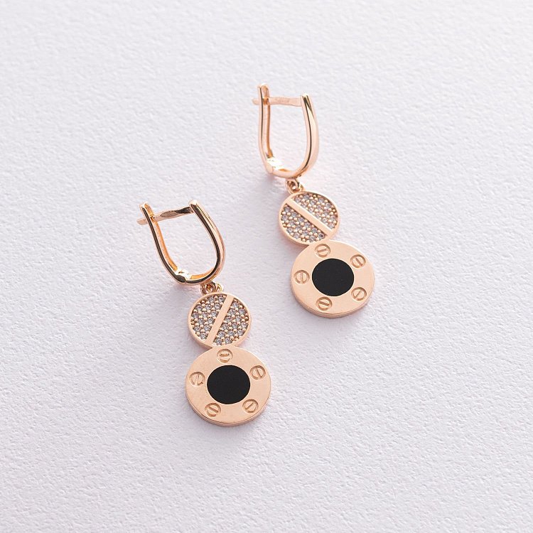 Золоті сережки з фіанітами і емаллю с07359 від ювелірного магазину Онікс - 2