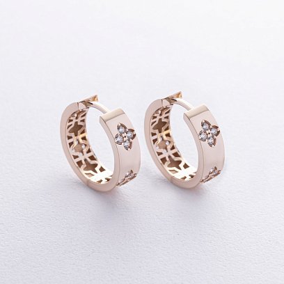 Серьги - кольца "Клевер" в желтом золоте (фианиты) с08888