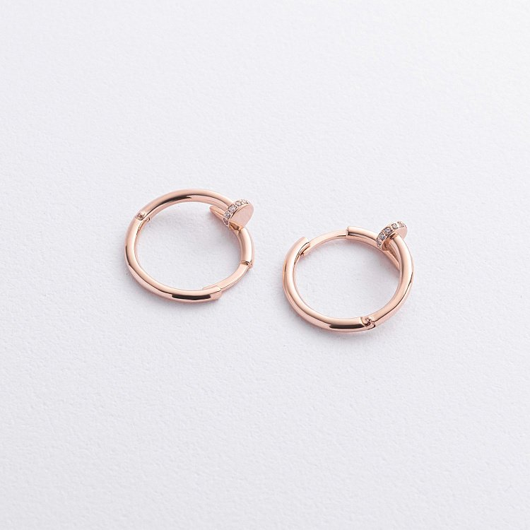 Сережки - кільця "Цвях" у червоному золоті (фіаніти) с09127 від ювелірного магазину Онікс - 1