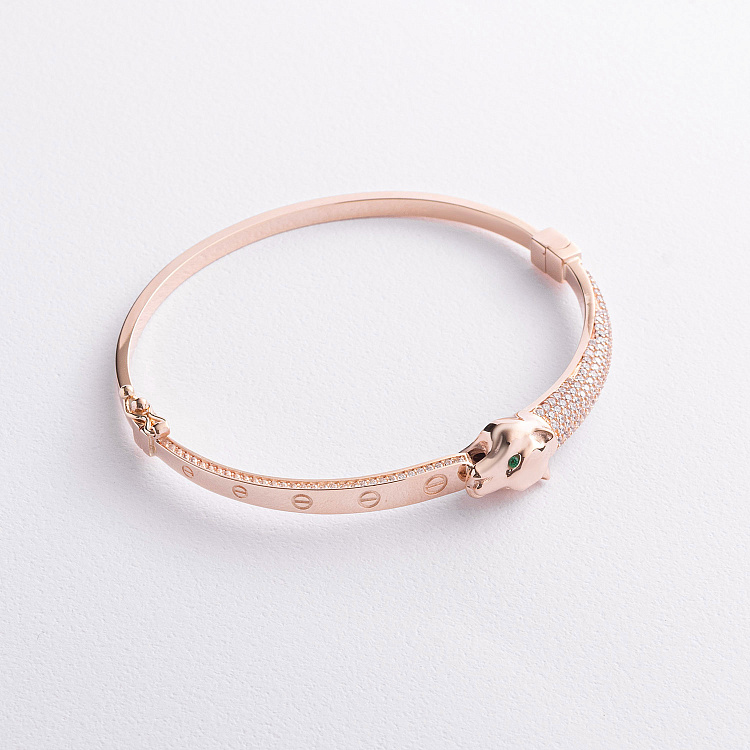 Жесткий браслет "Пантера" в красном золоте (фианиты) б04630 от ювелирного магазина Оникс - 1