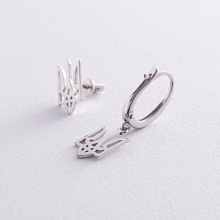 Асиметричні сережки "Герб України - Тризуб" (біле золото) с08028 від ювелірного магазину Онікс - 1