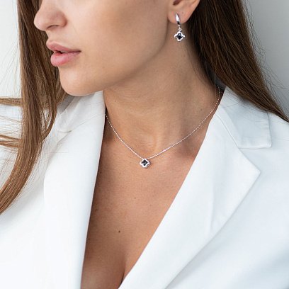 Серебряные серьги "Клевер" (черные фианиты) 122073 №2