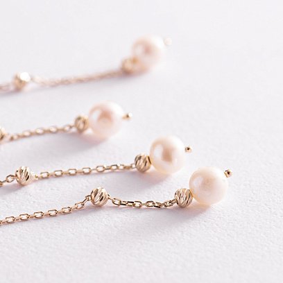 Золотые серьги с жемчугом на цепочке с07802 №7