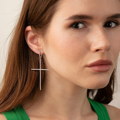 Серебряные серьги "Кресты" с белыми фианитами  3610 №7