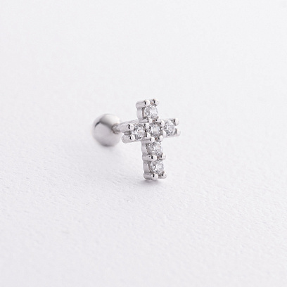 Одиночна срібна сережка "Хрестик" в хрящ вушка (фіаніти) 40102с