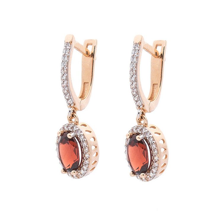 Золотые серьги с пиропом (гранатом) и фианитами с04686 от ювелирного магазина Оникс - 1