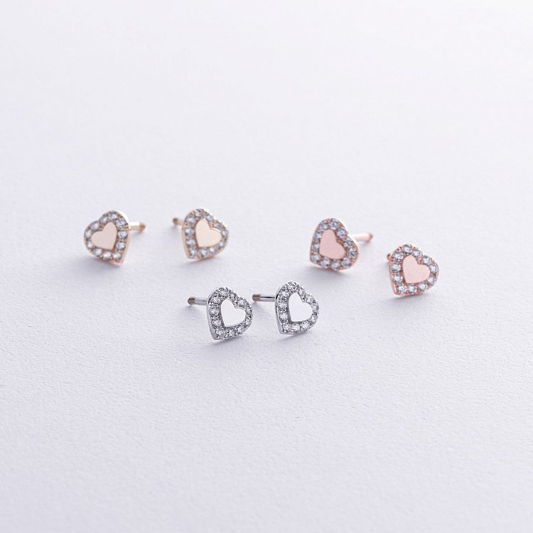 Серьги - пусеты "Сердечки" с фианитами (желтое золото) с08110 от ювелирного магазина Оникс - 4