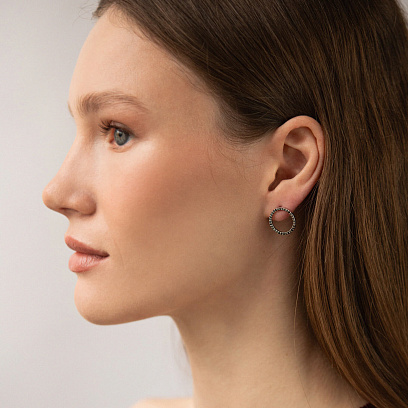 Золотые серьги - пусеты "Круговорот" (черные бриллианты) сб0485м №2