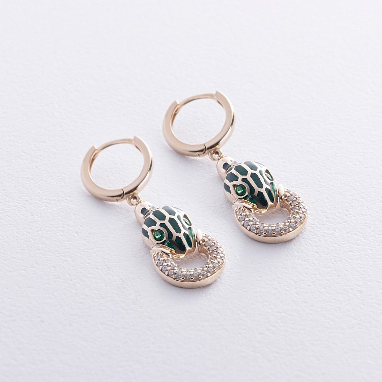 Золоті сережки "Змії" (емаль, фіаніт) с07017 від ювелірного магазину Онікс - 2