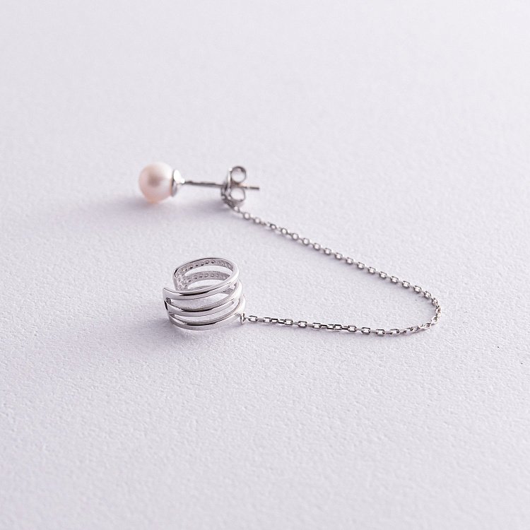 Сережка - каффа "Трініті" з перлиною (біле золото) с08251 від ювелірного магазину Онікс - 9