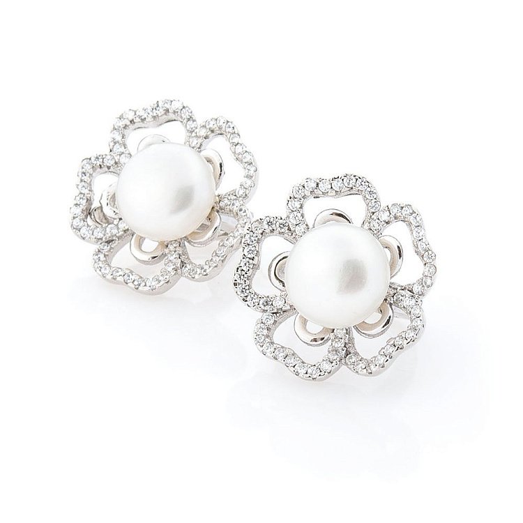 Срібні сережки "Квіточки" (культ. прісн. перли, фіаніти) 121755 від ювелірного магазину Онікс - 2