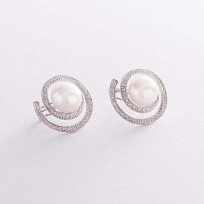 Золотые серьги "Круговорот" с бриллиантами и жемчугом c1021