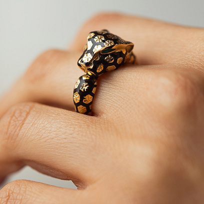 Золотое кольцо "Пантера" (эмаль, фианиты) к07012 №4