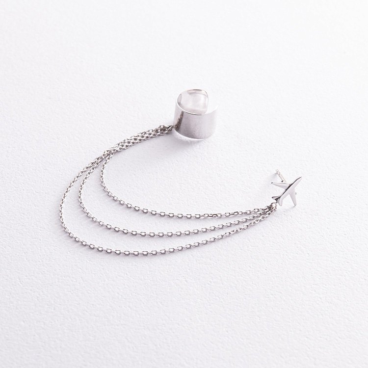 Сережка - каффа "Літак" у білому золоті з ланцюжками с08387 від ювелірного магазину Онікс