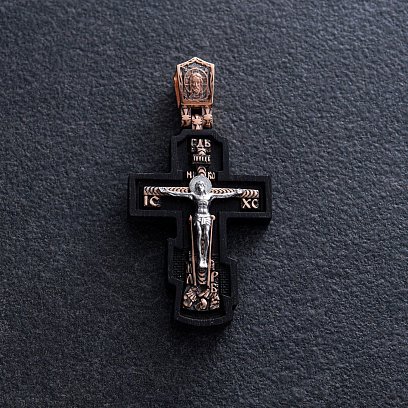 Золотой крест "Распятие. Пресвятая Богородица" с эбеновым деревом 632з №5