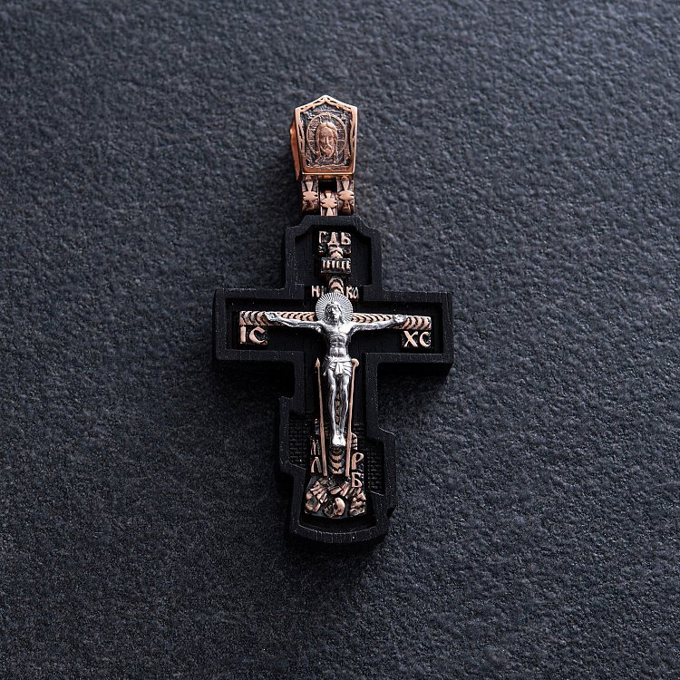 Золотой крест "Распятие. Пресвятая Богородица" с эбеновым деревом 632з от ювелирного магазина Оникс - 4