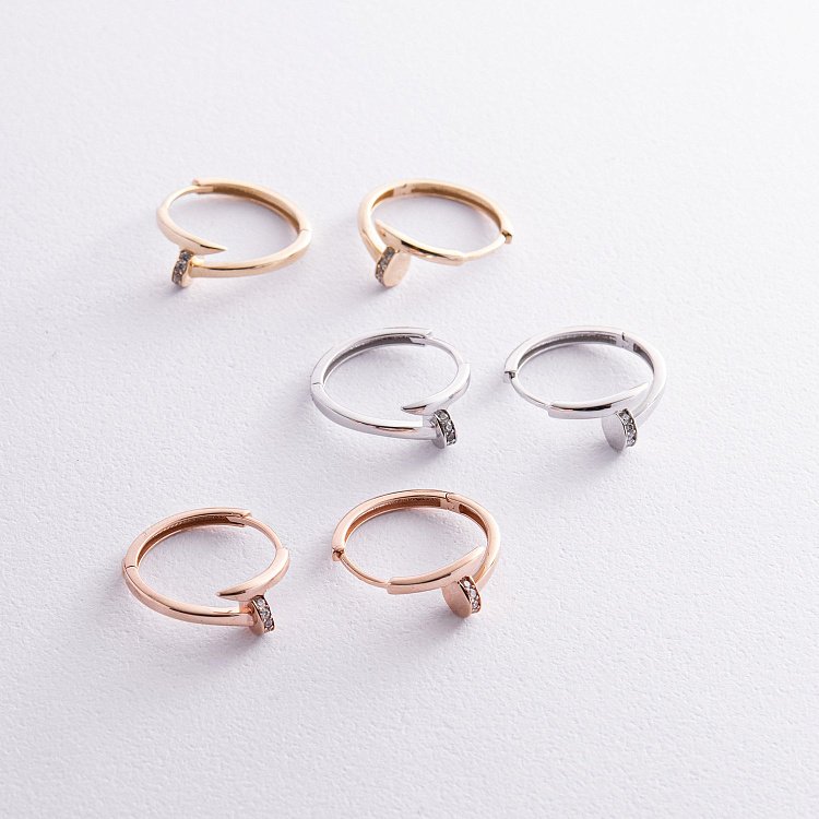 Серьги - кольца "Гвоздь" в желтом золоте (фианиты) с08343 от ювелирного магазина Оникс - 6