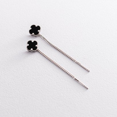 Сережки протяжки "Конюшина" в сріблі (онікс) 123036