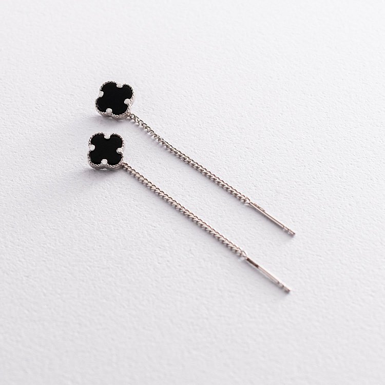 Сережки протяжки "Конюшина" в сріблі (онікс) 123036 від ювелірного магазину Онікс