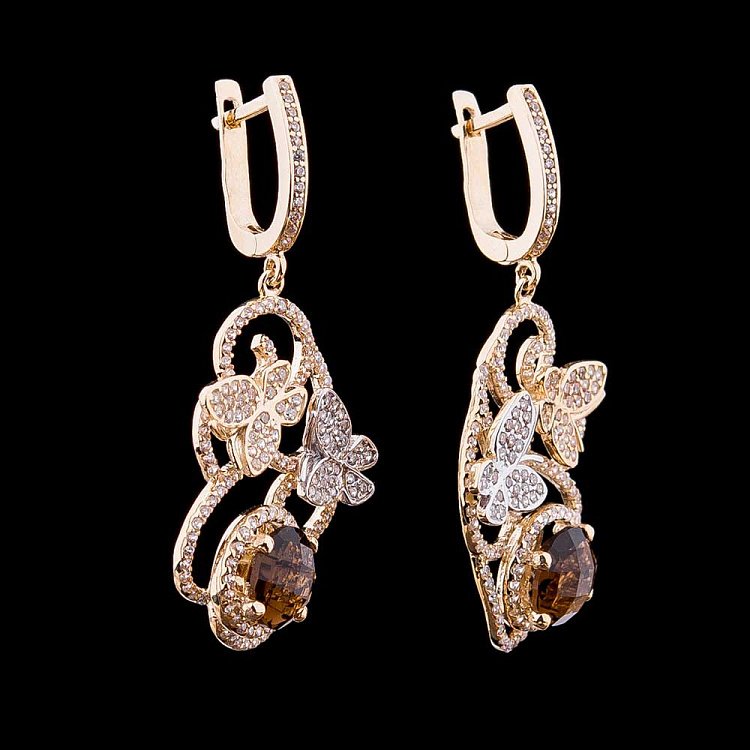 Золоті сережки "Метелики" з фіанітами с03913 від ювелірного магазину Онікс - 1