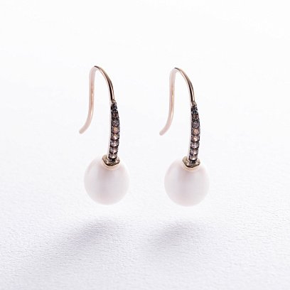 Золоті сережки - петельки "Олівія" з перлами і фіанітами с08514