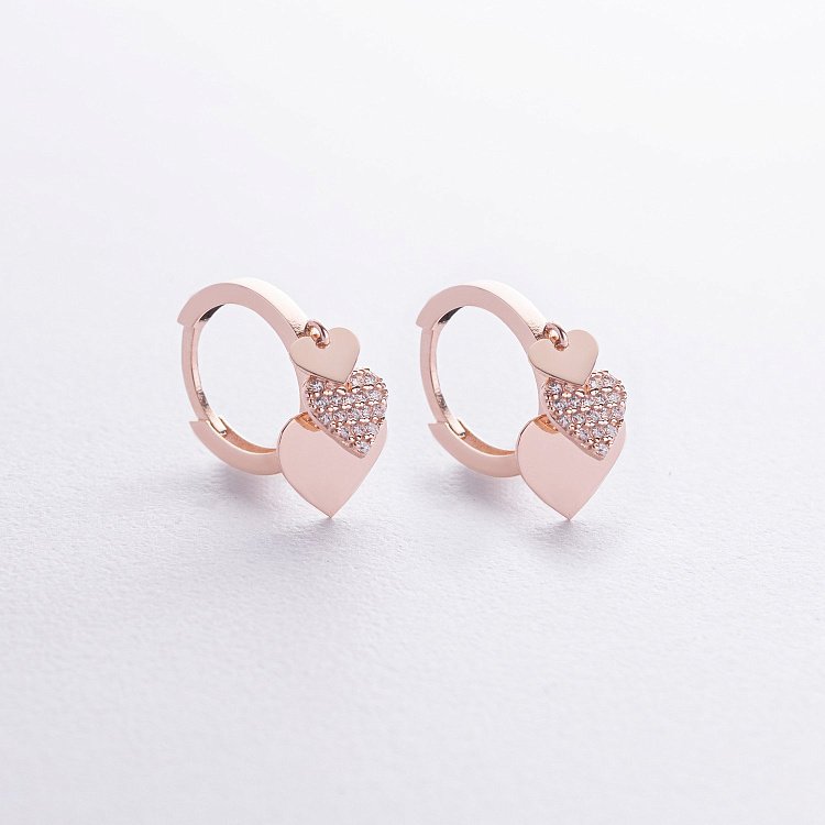 Золоті сережки - кільця "Сердечки" з фіанітами с06618 від ювелірного магазину Онікс - 2