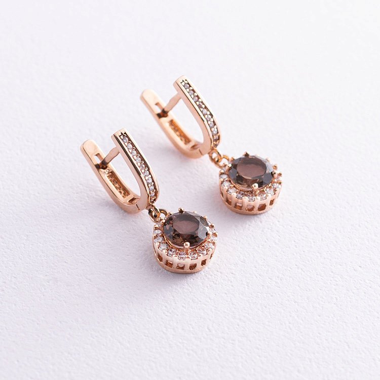 Золоті сережки (димчастий кварц, фіаніти) с01494 від ювелірного магазину Онікс