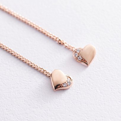 Золоті сережки - протяжки "Серця" з фіанітами с05189 №3