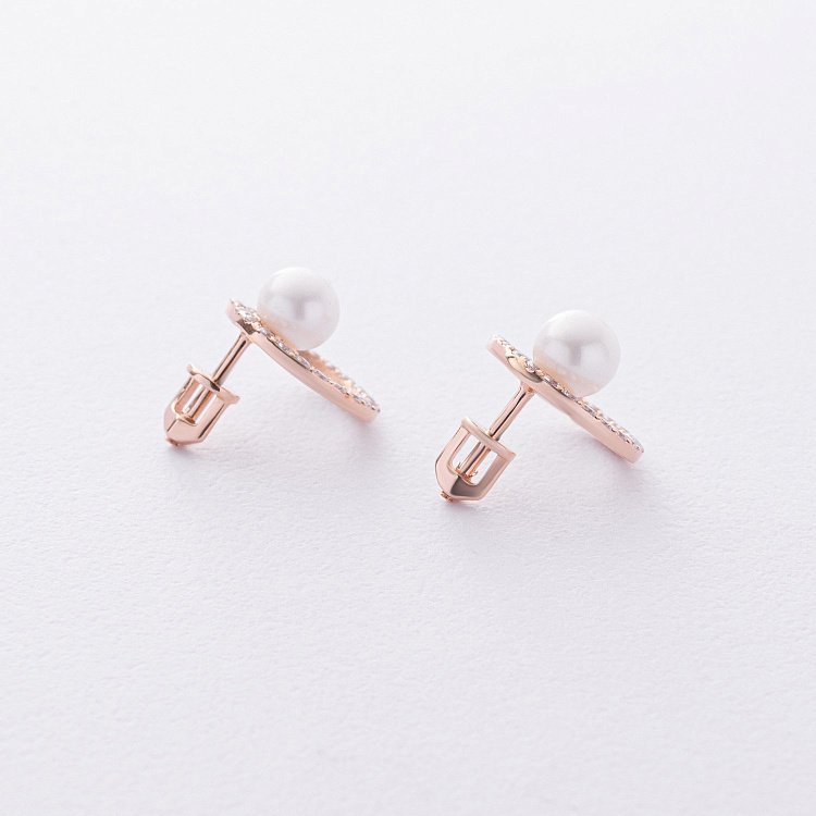 Золоті сережки - пусети "Кругообіг" (перли, фіаніти) с09178 від ювелірного магазину Онікс - 2