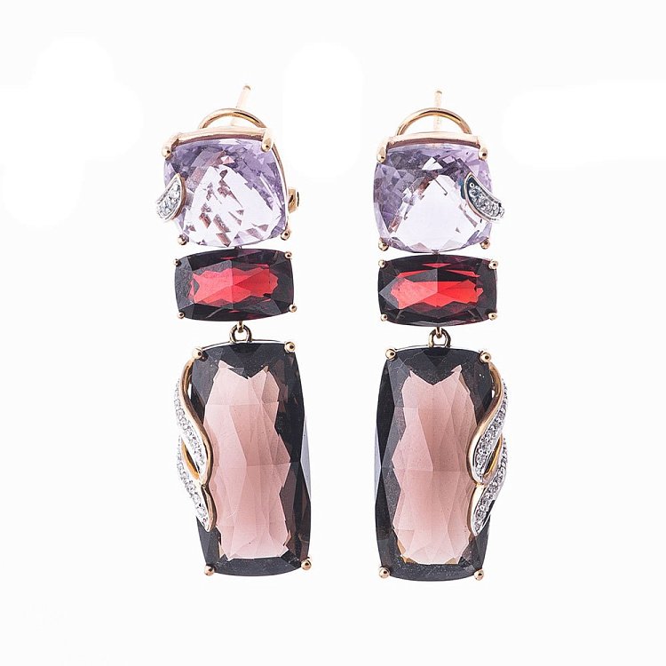 Золоті сережки з камінням (діамант, піроп, димчастий кварц) e23896c від ювелірного магазину Онікс