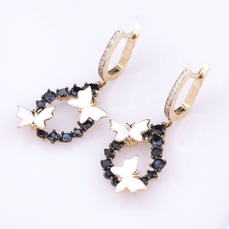 Золотые серьги "Бабочки" с эмалью и фианитами с03442 от ювелирного магазина Оникс