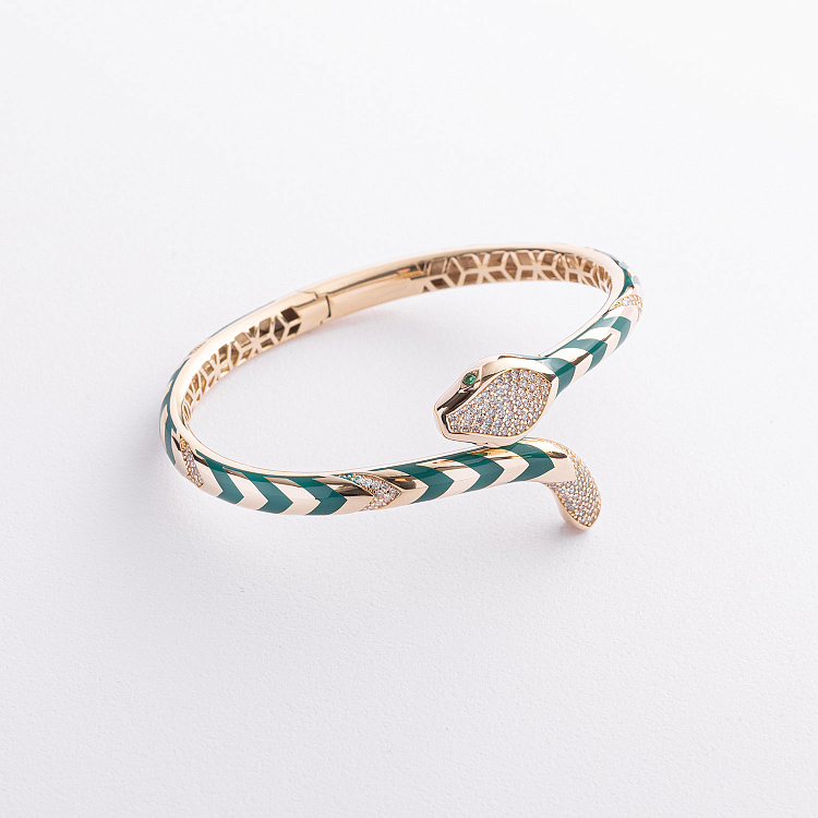 Жорсткий браслет "Змія" у жовтому золоті (фіаніти, емаль) б05170 від ювелірного магазину Онікс - 1