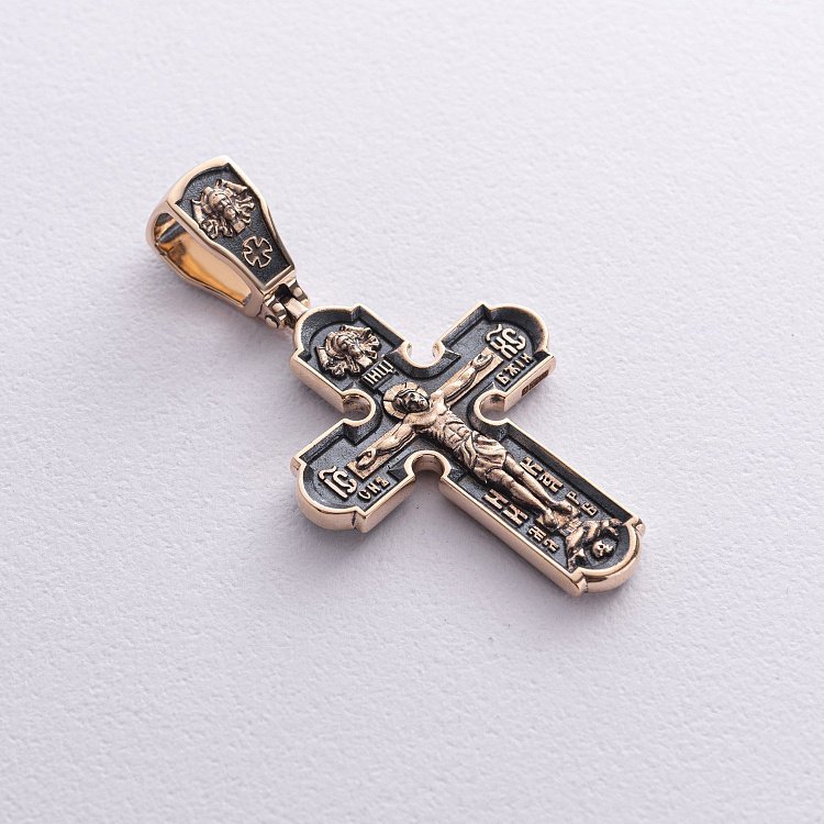 Православный золотой крест "Распятие Христово. Спас Нерукотворный. Икона Божией Матери знамение. Святитель Николай" п03908 от ювелирного магазина Оникс - 4