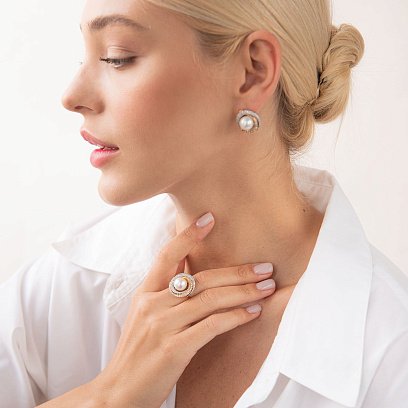 Золотое кольцо "Круговорот" с бриллиантами и жемчугом к954 №5