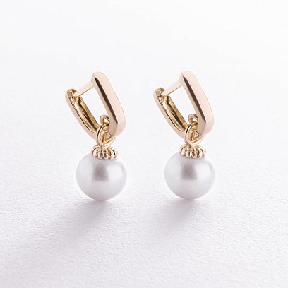 Серьги в желтом золоте (культ. пресн. жемчуг) с08588