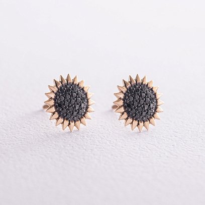 Золотые серьги - пусеты "Подсолнухи" с черными бриллиантами 326173122
