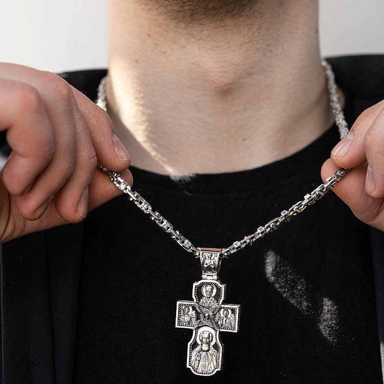 Срібний хрест "Господь. Архангели Михаїл та Гавриїл. Ангел Хранитель. Святитель Миколай. Сергій Радонезький" з ебеновим деревом 980 від ювелірного магазину Онікс - 5