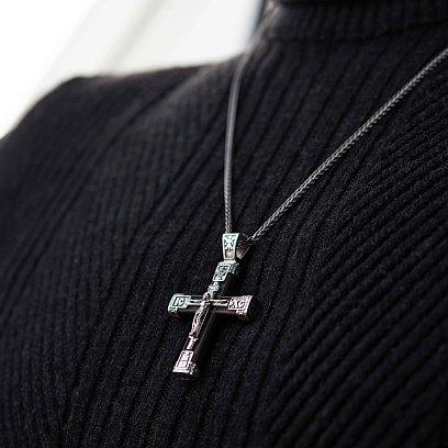 Срібний хрест "Розп'яття. Спаси та Збережи" з ебеновим деревом 981 №11