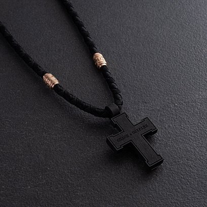 Мужской православный крест "Распятие. Спаси и Сохрани" на шнуре из эбенового дерева и золота кол02523 №10