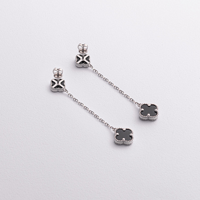 Серебряные серьги "Клевер на цепочке" (оникс) 123512 №2