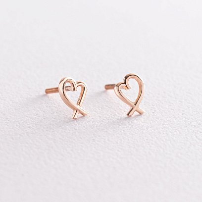 Серьги - пусеты "Сердечки" в красном золоте с07121